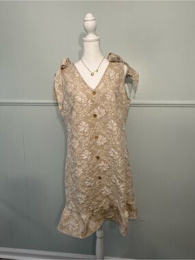 Beige Floral Tie-Shoulder Linen Blend Dress Size L
